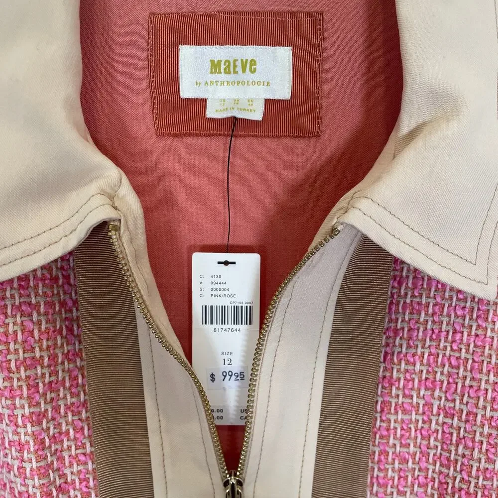 Anthropologie Maeve Tweed Mini Dress Collared Pink Cream Preppy Retro NWT 12 - Picture 5 of 7